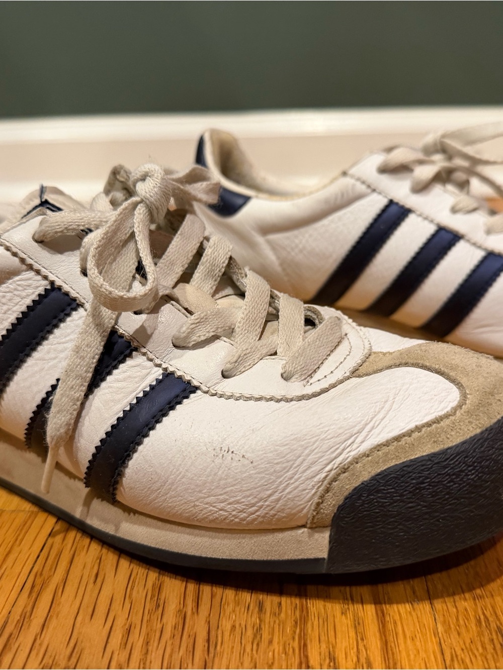 Adidas Womens Size 8 White Sneakers with Navy Three-Stripes
